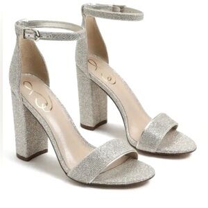 NWT Sam Edelman Yaro Block Heel Sandal Heels ankle Strap Pewter Metallic Sz 8.5